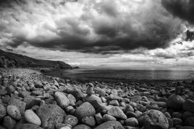 Nehrin deniz kıyısındaki siyah beyaz fotoğrafı. Doğa