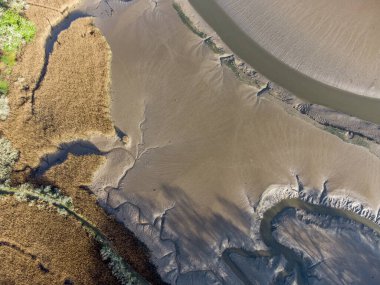 Bataklık çamuru ve sazlıklar üzerinde İngiltere 'nin Tresillian Nehri' nin Cornwall 'una bakın. Hava aracı görüntüsü