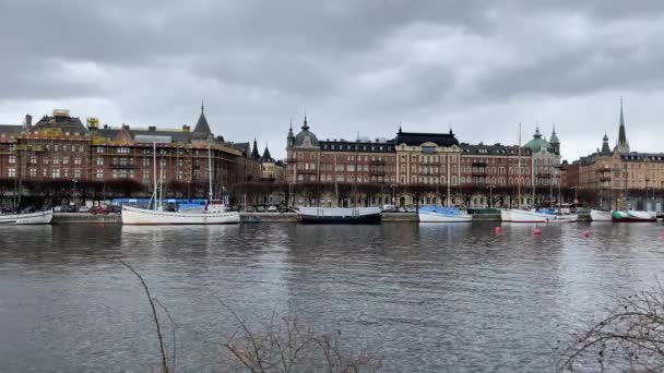Ένας Κόλπος Στο Κέντρο Της Στοκχόλμης Τρένα Και Λεωφορεία — Αρχείο Βίντεο