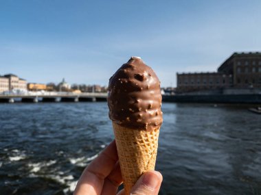 Stockholm, İsveç - 17 Nisan 2021 İsveç dondurma üreticisinden ilk bahar bardağı ve arka planda Royal Palace ile birlikte bir kızın elinde