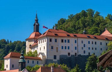 Skofja Loka, Slovenya - 30 Temmuz 2025: Slovenya 'nın Skofja Loka kentindeki tarihi şato, kırmızı çatılar ve güneşli bir günde bayrak.