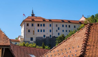 Skofja Loka, Slovenya - 30 Temmuz 2025: Slovenya 'nın Skofja Loka kentindeki açık mavi gökyüzü altında kırmızı kiremitli çatıları olan tarihi şato.