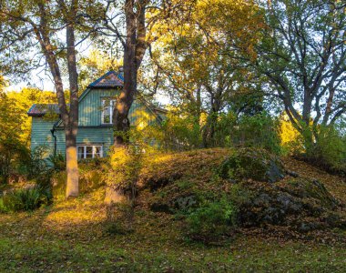 Stockholm, İsveç - 18 Ekim 2025: Sonbahar ağaçları ve düşen yapraklarla çevrili bir kır evi.