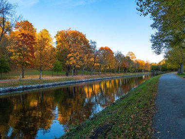 Renkli ağaçları yansıtan bir kanalı olan sakin bir sonbahar manzarası..
