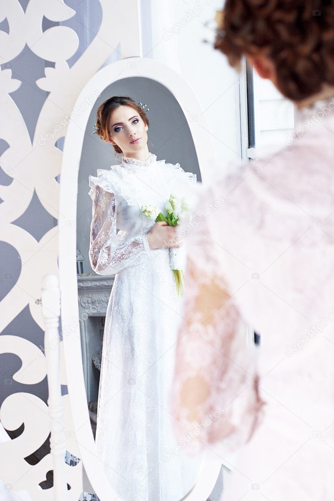 Spring Bride Dress In Vintage Style With A Bouquet Of Tulips