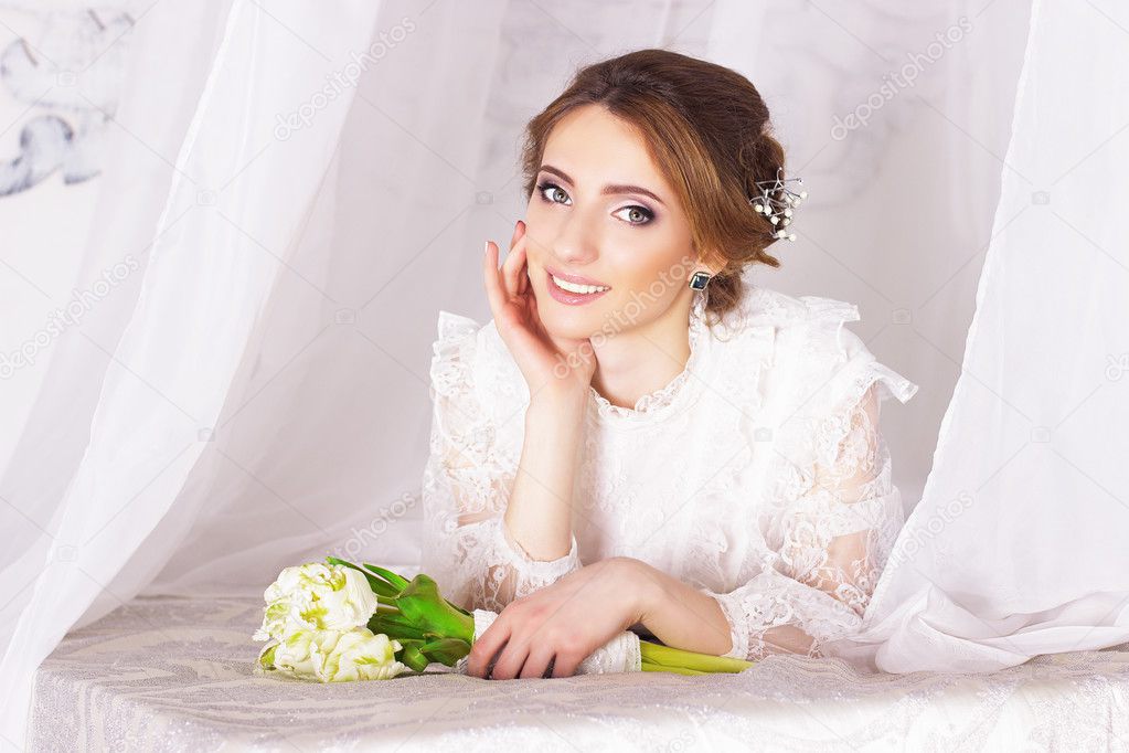 Spring Bride Dress In Vintage Style With A Bouquet Of Tulips