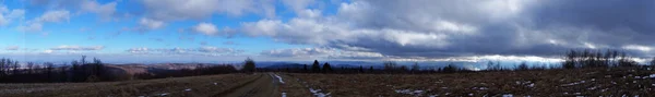 Panoramisch Uitzicht Grijze Herfst Bergen Bedekt Met Bos Met Gevallen — Stockfoto