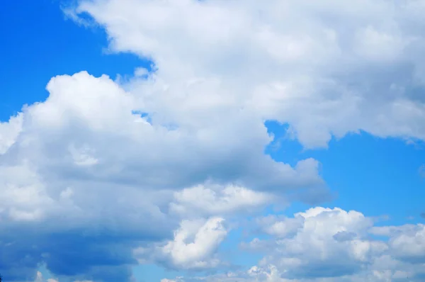 View of the blue sky with white and gray fluffy clouds on a sunny day