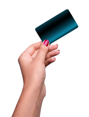 Beyaz arkaplanda el ele tutulan sanal kartvizit, kredi kartı ya da boş kağıt