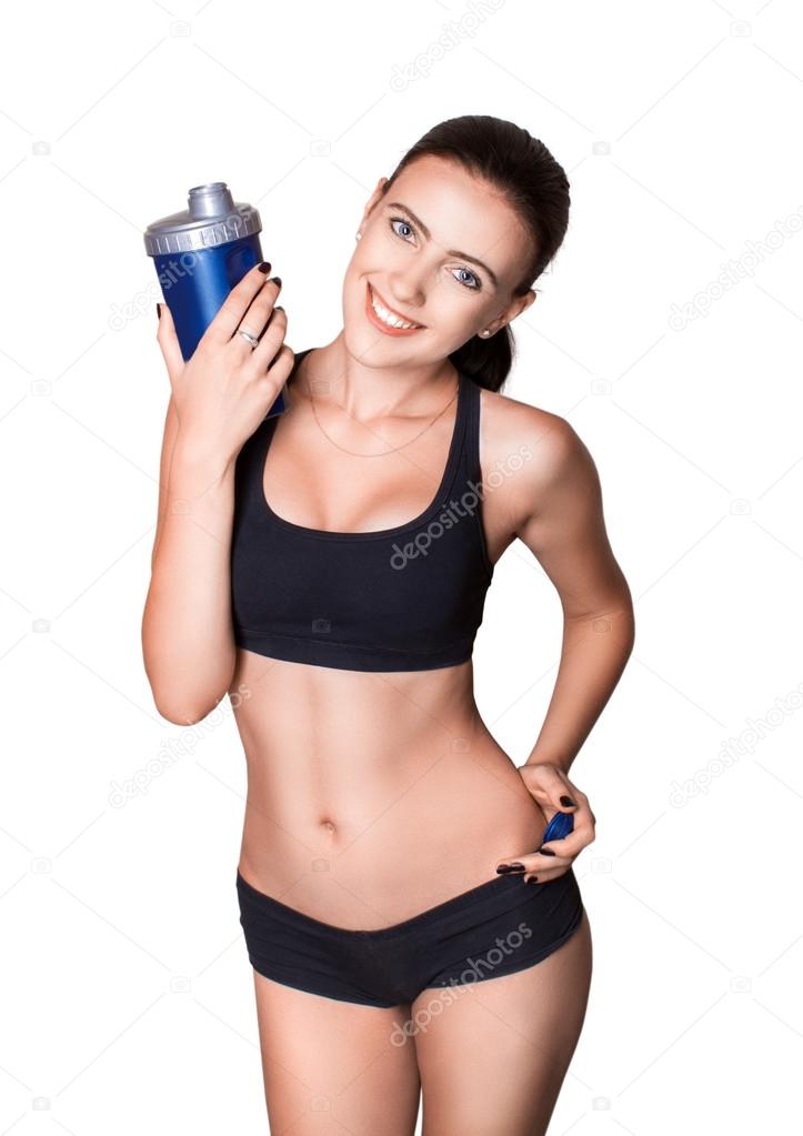 sporty woman and measure around her body on white background