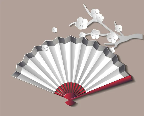 Kağıt sanatı. Yelpaze ve sakura çiçeği, origami ve seyahat kavramları, vektör grafikleri ve çizimler.