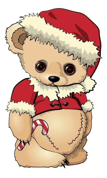 Çizgili lolipoplu Noel Baba kostümlü oyuncak ayı. Vektör illüstrasyonu