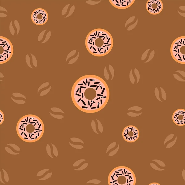 Kahve çekirdekleri ve kremalı arkaplan üzerine çikolata parçacıkları serpiştirilmiş jöleli donutlarla geometrik kusursuz desen..