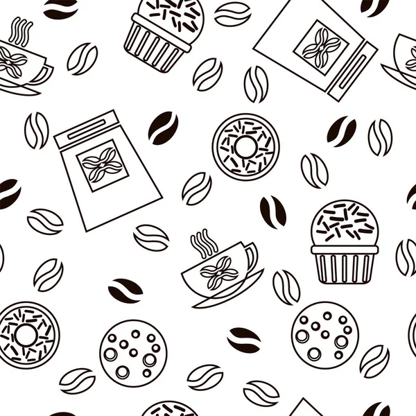 Kahve çekirdekleri, çikolata parçacıklı jöleli donutlar, kurabiyeler ve aromatik kahve fincanları ile geometrik ve dikişsiz desen..