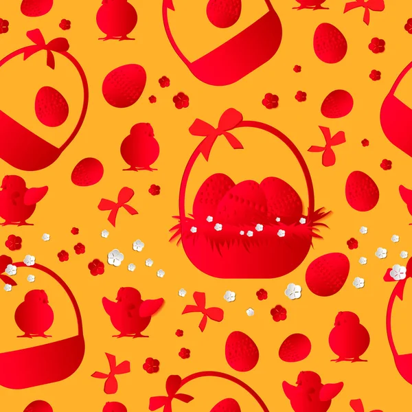 Cute hand drawn Easter seamless pattern with chickens, flowers, Easter eggs in a basket. Great for Easter packaging, banners, textiles, wallpapers - vector design.