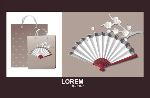Paper art. An exquisite paper fan and a branch of blossoming sakura. Use cases: Spring holiday flyer, banner, poster and packaging design.