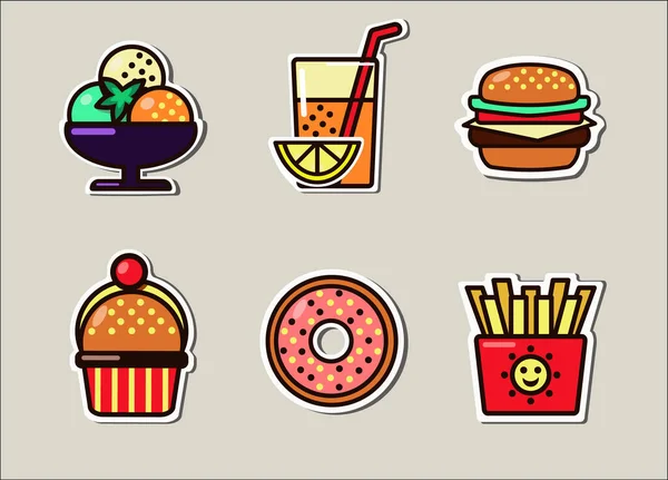 Bir fast food kafe için bir dizi resim. İştah açıcı yemek. Simgeler nakliye, rozet yapımı ve giysi dekorasyonu için ambalaj etiketi olarak kullanılabilir.