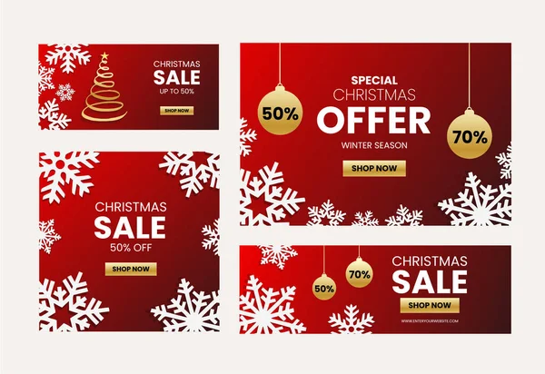 Design Modelo Conjunto Merry Christmas Horizontal Banner Folheto Com Fita — Vetor de Stock