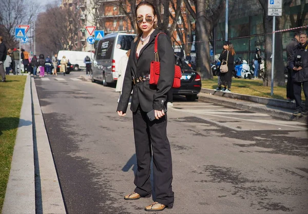 Moda Blogueiros Roupa Estilo Rua Antes Armani Desfile Moda Durante — Fotografia de Stock