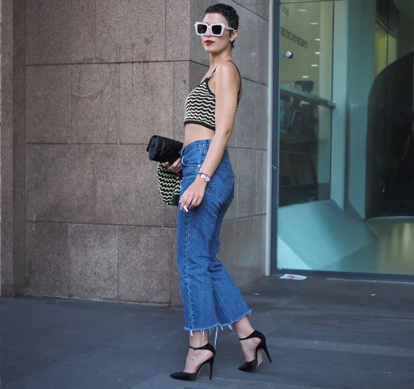Blogueiro Moda Rua Antes Desfile Alberta Ferretti Durante Milan Fashion — Fotografia de Stock
