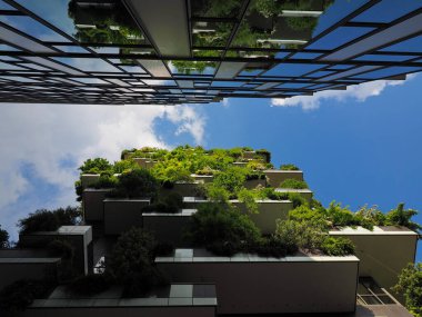 Bosco Verticale - Dikey Orman gökdeleninde balkonlarda büyüyen ağaçlar, Stefano Boeri mimarisi tarafından tasarlandı. Milan, Lombardy, İtalya