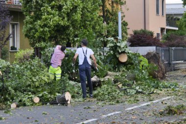 Storm in the province of Bergamo, extensive damage, fallen trees, roofs uncovered, and flooding clipart