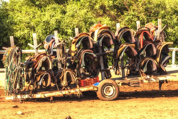 Storing saddles on the farm. Royalty Free Stock Photos