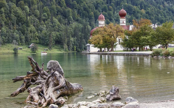 Germany, Lake Konigssee view of the Church of St. Bartholomew Royalty Free Stock Images