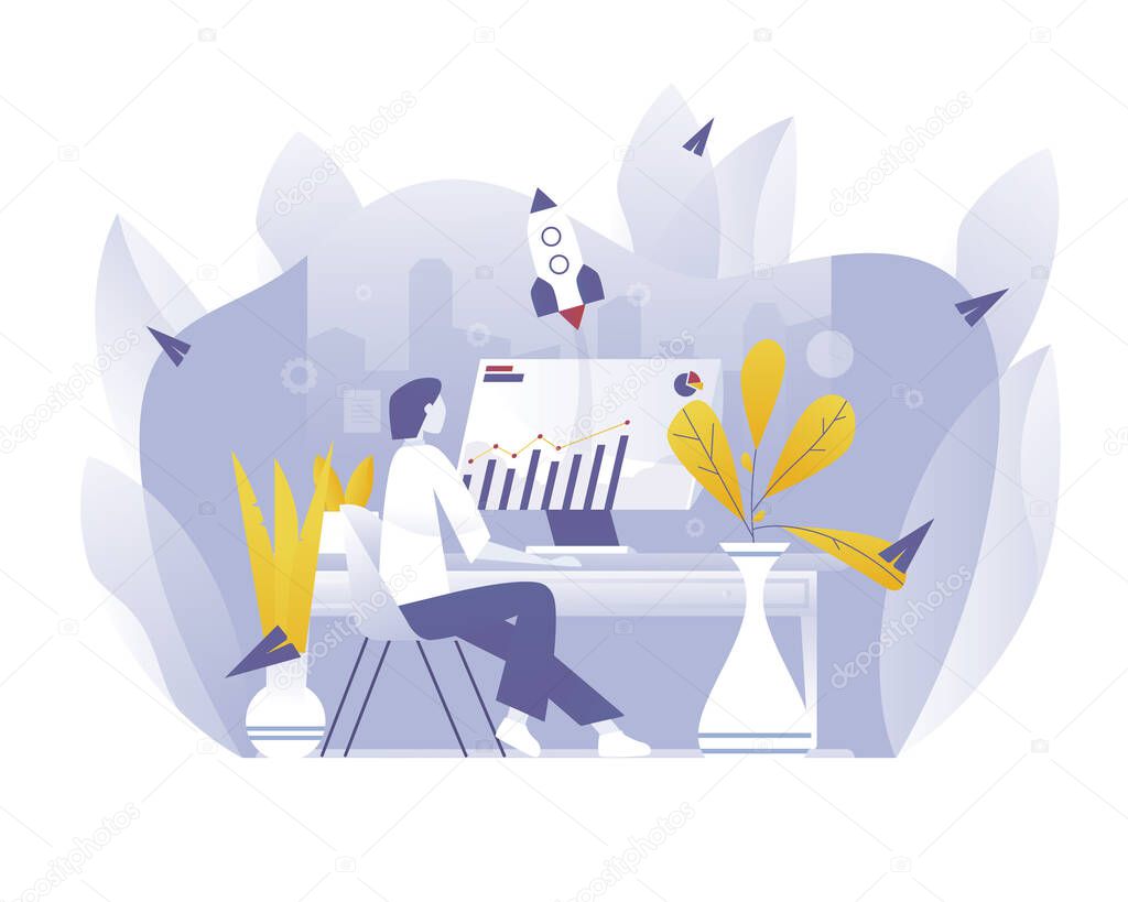 Worker man using computer. Seo. Vector picture