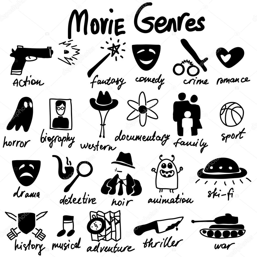 Vector doodle icons set. Cinema genres theme. Red and Blue