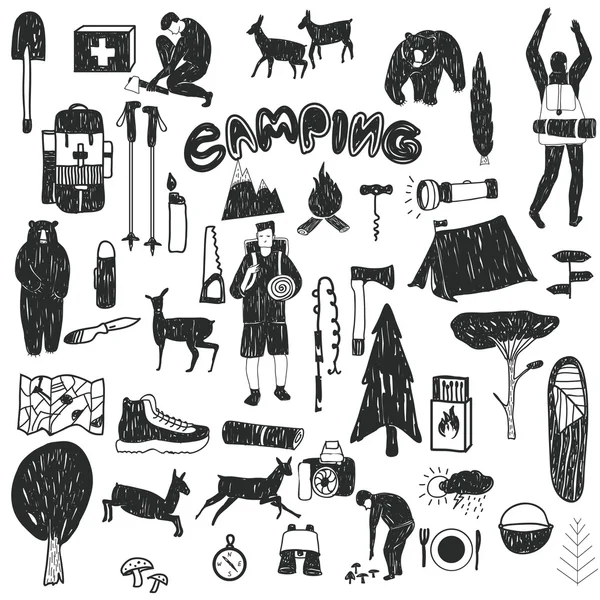 Iconos de camping en blanco y negro — Vector de stock