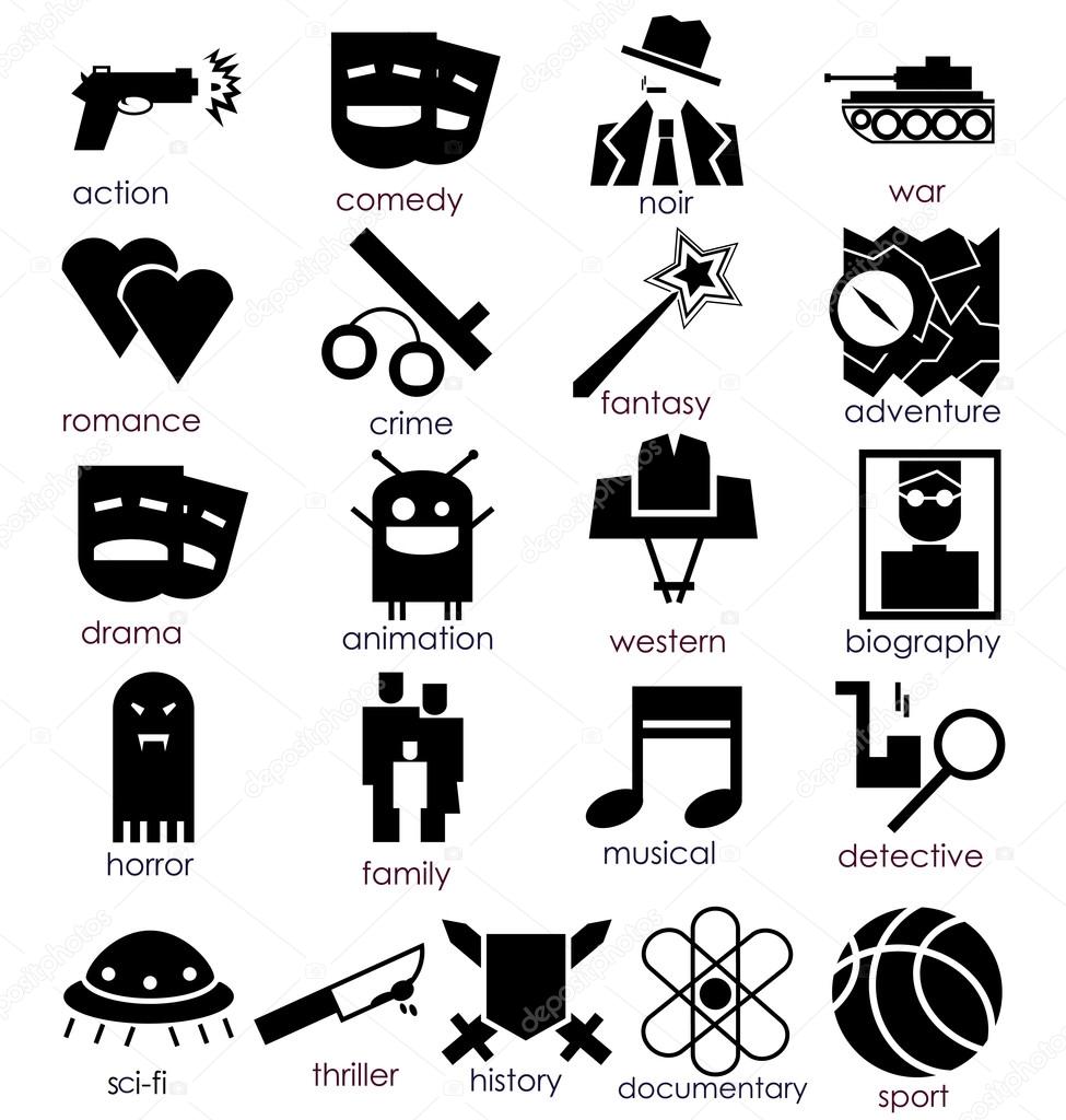 Vector flat icons set. Cinema genres theme. Black and white