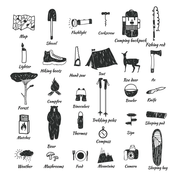 Camping pictogrammen doodle tekst — Stockvector