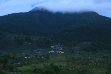 Şafak vakti Dieng Platosu 'nun doğal manzara fotoğrafı. 