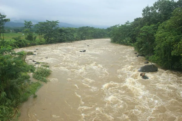 Foto Van Een Rivier Overstroomd Met Bruin Water — Stockfoto