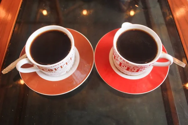 Par Tazas Cafés Hermosos Colores Romántico Cariñoso — Foto de Stock
