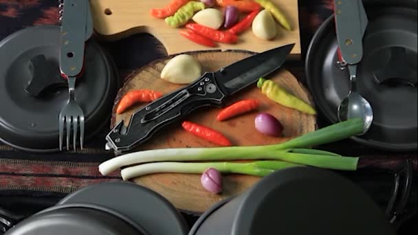 Ingrediente Proaspete Legume Cum Chilies Shallot Ustensile Bucătărie Gata Gătit — Videoclip de stoc
