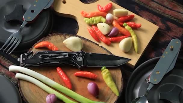 チリやエシャロットなどの新鮮な野菜に調理器具がついています — ストック動画