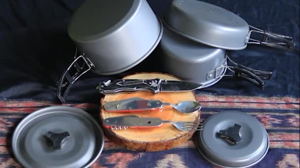 Cooking Utensils Can Used Kitchen While Camping Vacation Very Practical — Stock Video