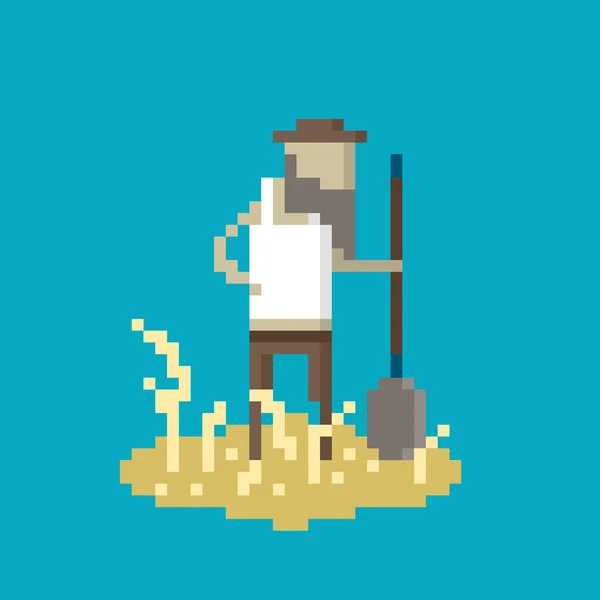 Pixel farmer with shovel — Stock Vector