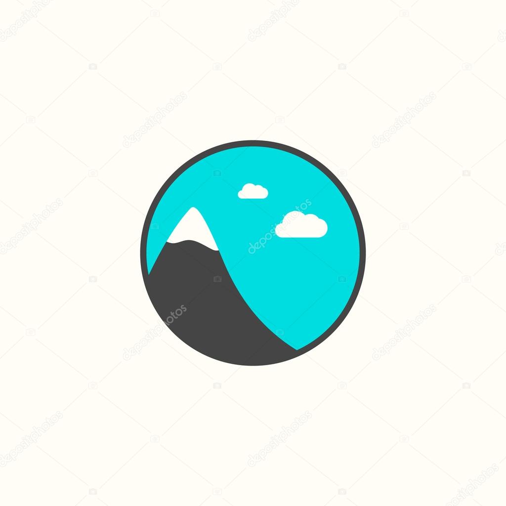 Circle icon, with mountains. Flat design. Blue sky, with clouds. Landscape in circle. Use for card, poster, brochure, banner, web design. Easy to edit.