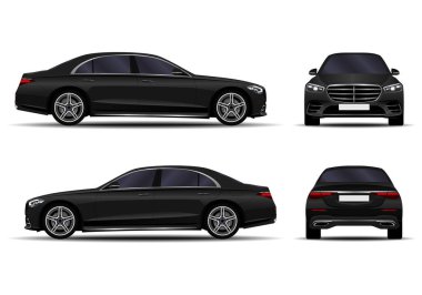 Gerçekçi bir araba. Sedan. ön görünüm; yan görünüm; arka görünüm.