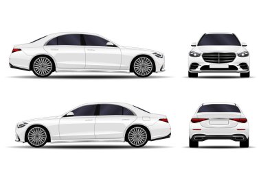 Gerçekçi bir araba. Sedan. ön görünüm; yan görünüm; arka görünüm.