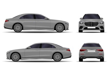 Gerçekçi bir araba. Sedan. ön görünüm; yan görünüm; arka görünüm.