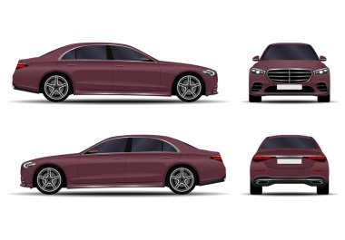 Gerçekçi bir araba. Sedan. ön görünüm; yan görünüm; arka görünüm.