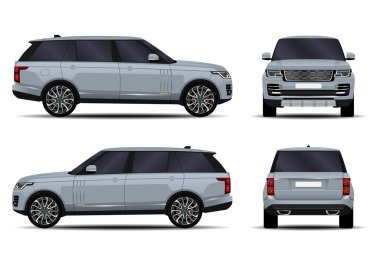 Gerçekçi bir SUV arabası. Ön görünüm; yan görünüm; arka görünüm.