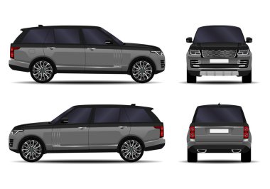 Gerçekçi bir SUV arabası. Ön görünüm; yan görünüm; arka görünüm.