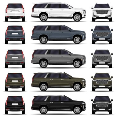 Gerçekçi SUV seti. Ön görünüm; yan görünüm; arka görünüm.