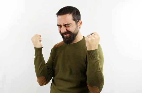 Sakallı Günlük Kıyafetleri Olan Bir Adam Çok Mutlu Heyecanlı Kapalı — Stok fotoğraf