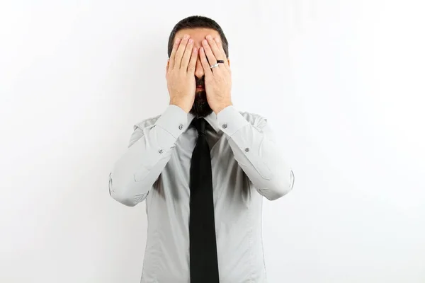 Young Bearded Businessman Shirt Tie Isolated White Background Covers His Royalty Free Stock Images